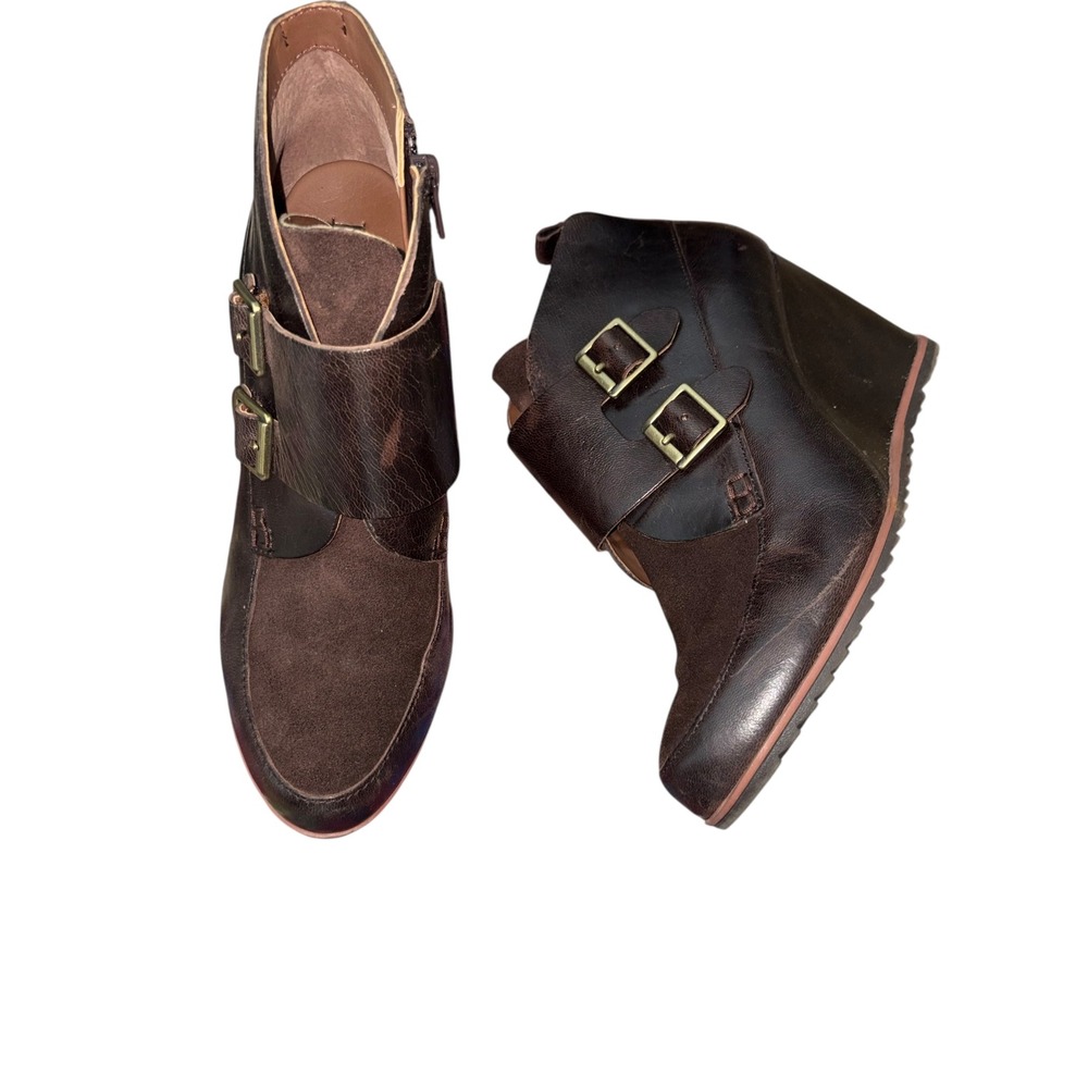 Korks B Kork-Ease sz 8 Hanska Dark Brown Leather/Suede Ankle Bootie Wedge‎